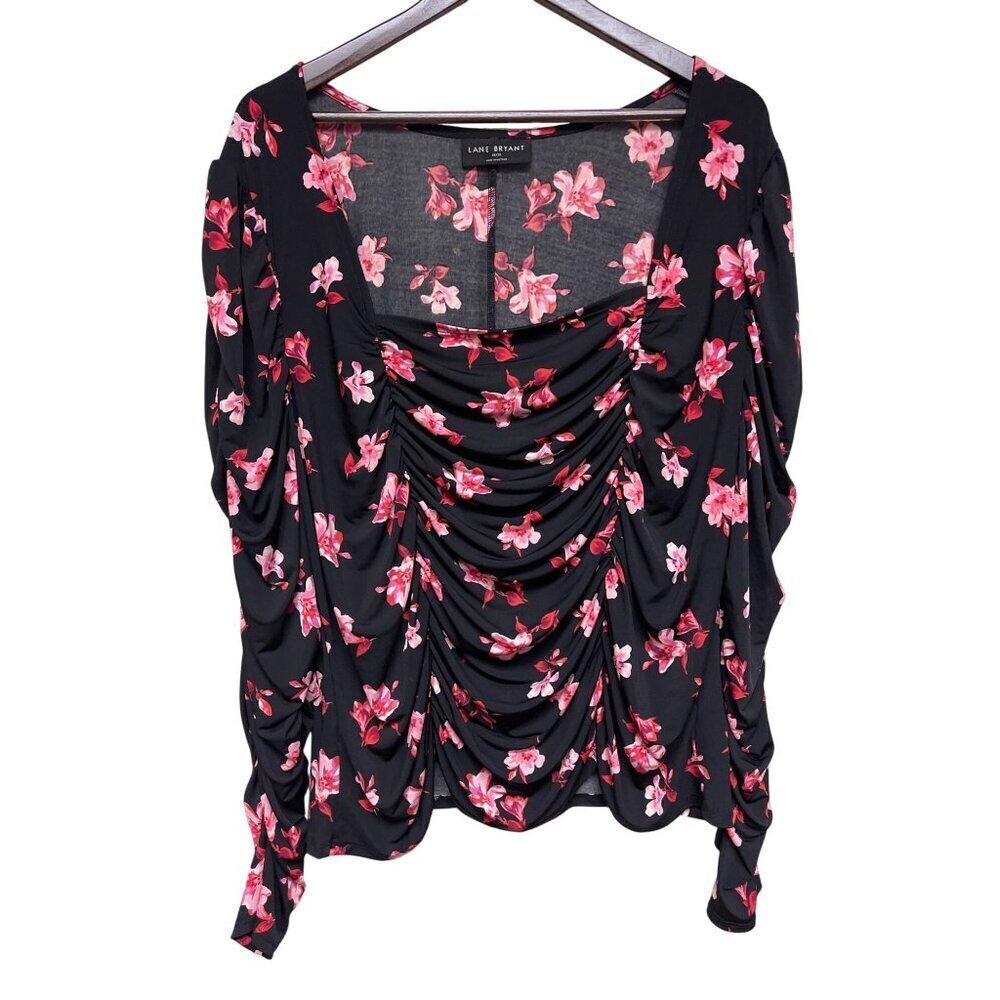 Lane Bryant Women's Black Pink Floral Ruched Top Shirt Square Neck Plus Size 26